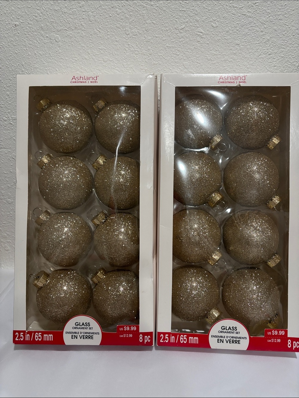 Ashland Gold Glitter Glass Holiday Ornaments - Sparkling Gold 2 sets of 8
